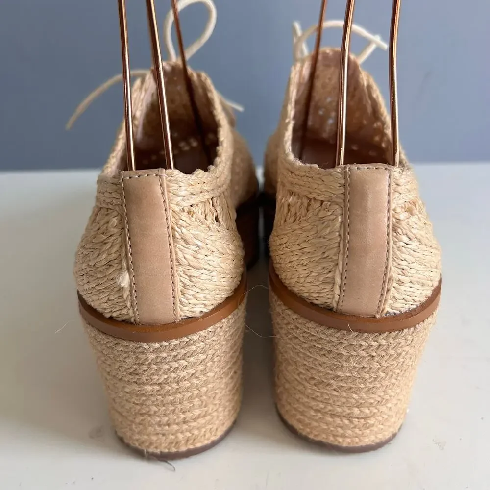 Schutz Platform Loafer wedge Size 8.5 tan Bordado rattan preppy Coastal - Picture 7 of 11